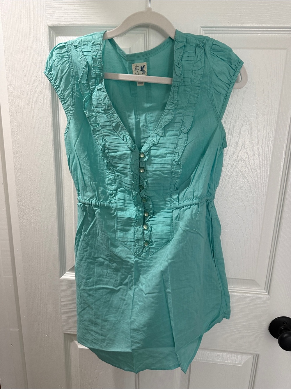 Anthropologie Edme & Esyllte Aqua Ruffle-Front Tunic Top